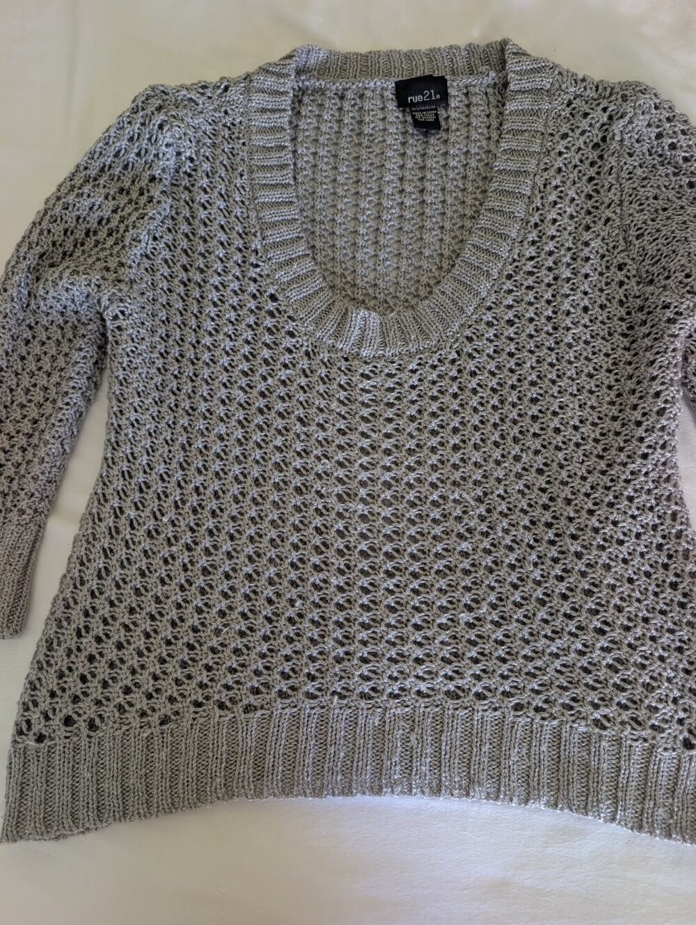 Rue21 Metallic Gray Open Knit Sweater Scoop Neck Shimmer Top Mermaidcore Y2K, XL